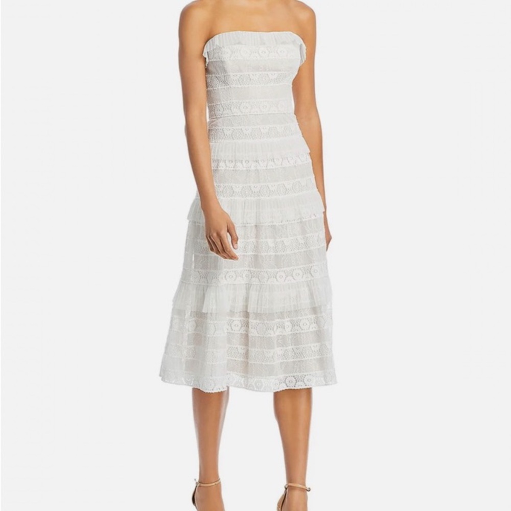 BCBGMAXAZRIA Women’s White Lace Strapless Midi Dress